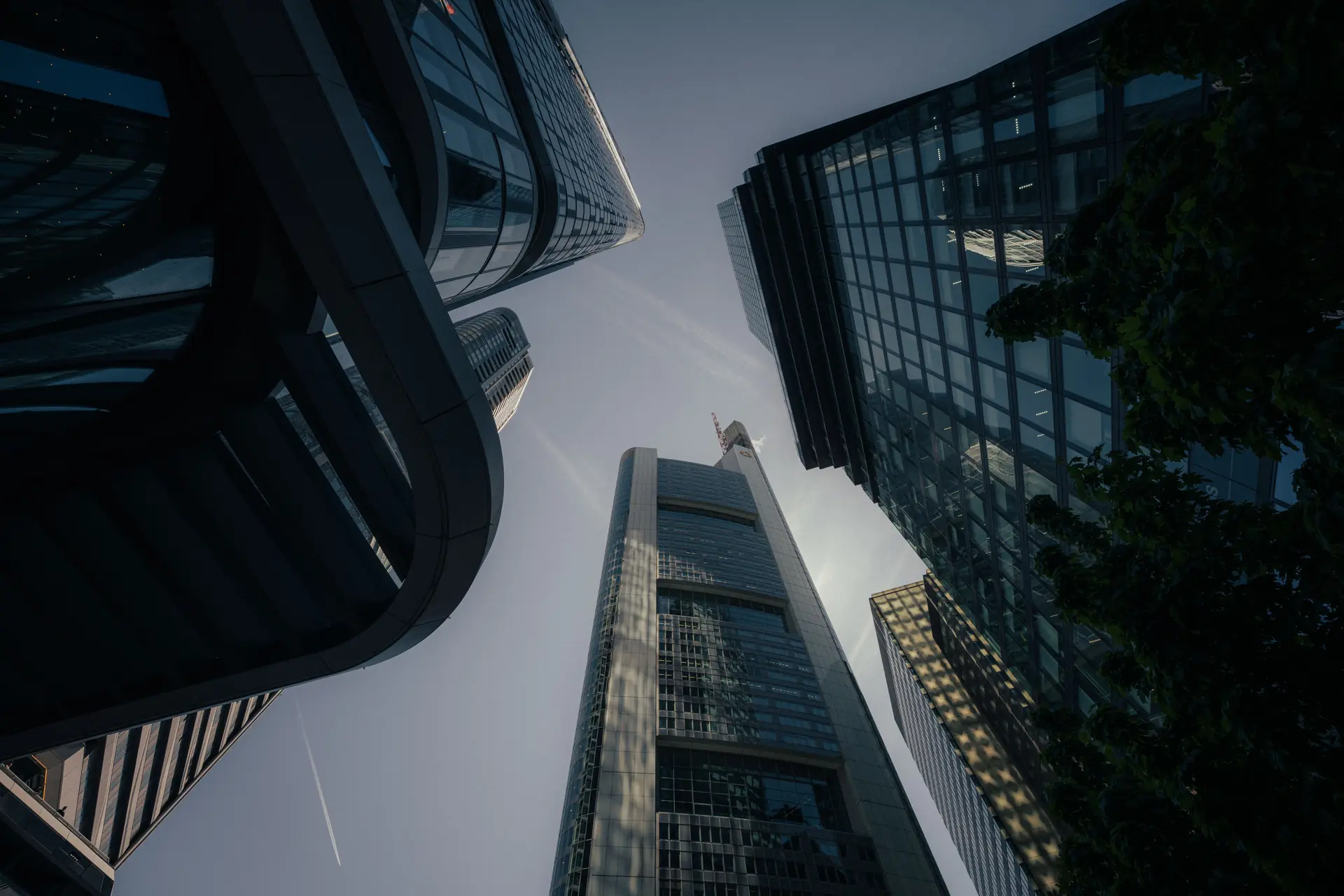Glass office towers of a financial district seen from street level